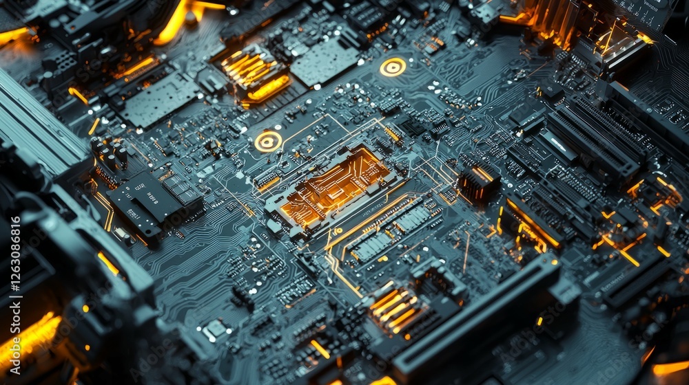 Poster close-up view of a high-tech circuit board with neon highlights