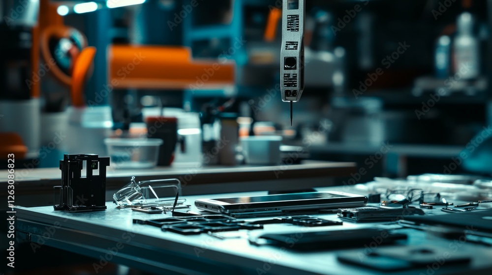 Poster close-up view of tools and parts on a workbench in a workshop
