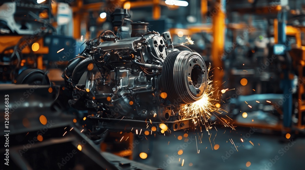 Poster engine component with sparks in manufacturing workshop environment
