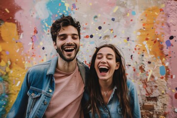 Portrait of a satisfied caucasian couple in their 20s celebrating a success