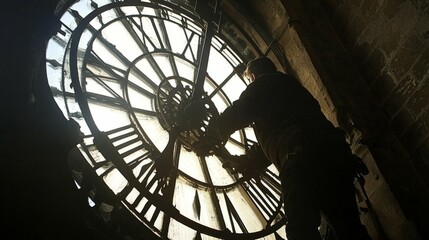 Worker Adjusting Antique Clock Mechanism Inside Historic Tower