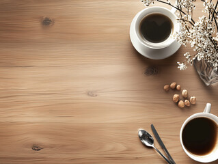 Table en bois avec deux tasses à café, vue du dessus