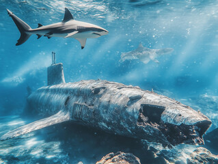 Fototapeta premium Epave de sous marin au fond de la mer entourée de requins
