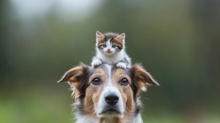 Playful mixed breed dog with kitten on head, showcasing heartwarming animal friendship.