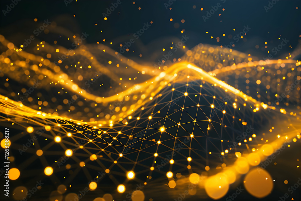 Poster abstract golden wave pattern with glowing particles and a network structure in a dark background