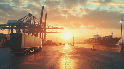 Container truck in ship port for business Logistics and transportation of Container Cargo ship and Cargo plane with working crane bridge in shipyard at sunrise, logistic import export and transport

