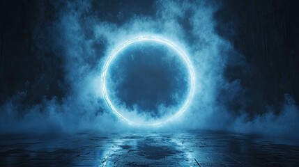 Fototapeta premium Futuristic glowing ring emerging from mist, symbolizing technology and mystery.