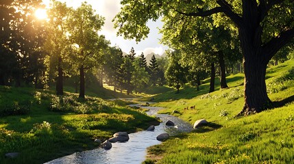 Golden Hour Stream: 3D Render of a Lush Forest Valley AI Generated