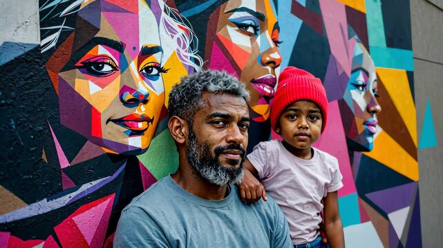 A Father's Love: A father and his child stand before a vibrant abstract mural of diverse faces.  The powerful image emphasizes the strength of family and the beauty of a shared journey. 