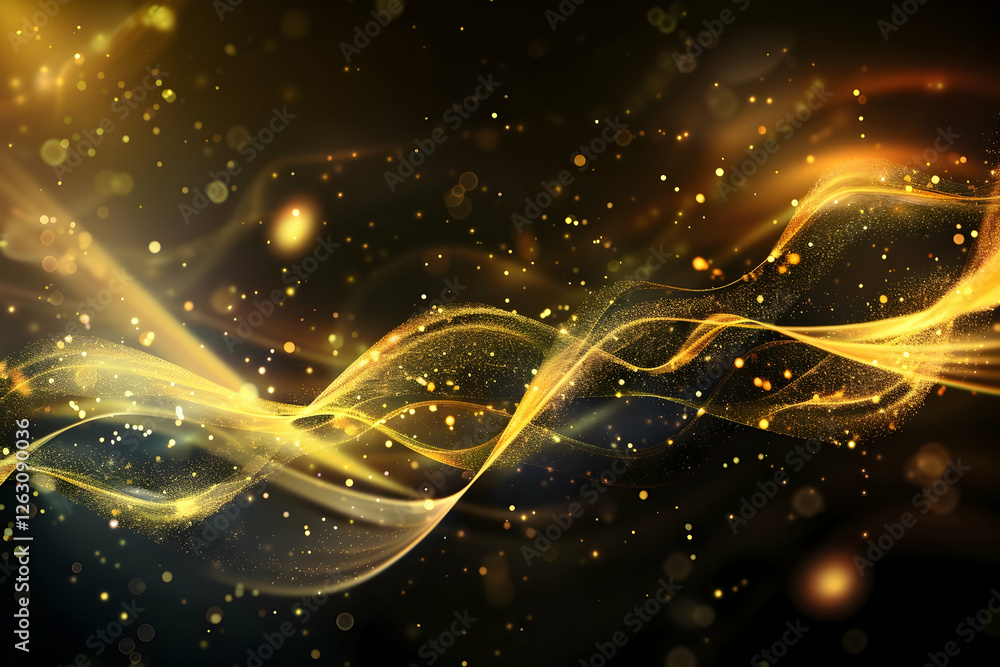 Aufkleber abstract golden wave patterns with sparkling particles on a dark background, ideal for digital art