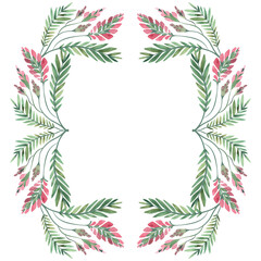 Square frame of wild herbs, flowers and leaves. Decor for graphic design, printing and packaging. Isolated hand-drawn watercolor illustration.