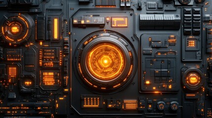 Futuristic Technology Panel Glowing Orange Circuits