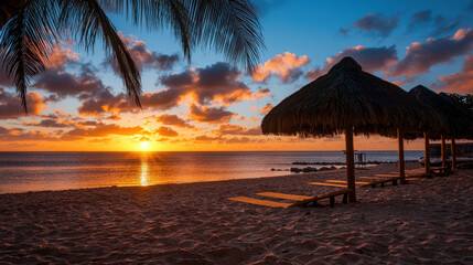 Fototapeta premium serene beach at sunrise with thatched umbrellas and golden light reflecting on water