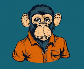 Cartoon monkey in orange shirt on blue background vector art