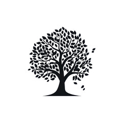 Elegant Black Tree Silhouette with Leaves and Falling Petals