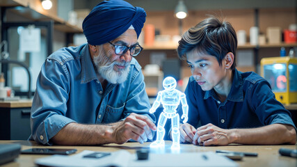 Mentorship fosters creativity as an older man and young boy explore holographic technology in a workshop