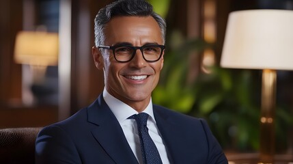 Fototapeta premium Confident Businessman Smiling in Modern Office Environment
