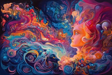 Fototapeta premium Abstract Colorful Swirls Enveloping a Feminine Profile