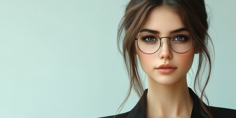 Young woman with glasses poses confidently against a light background during a studio photoshoot