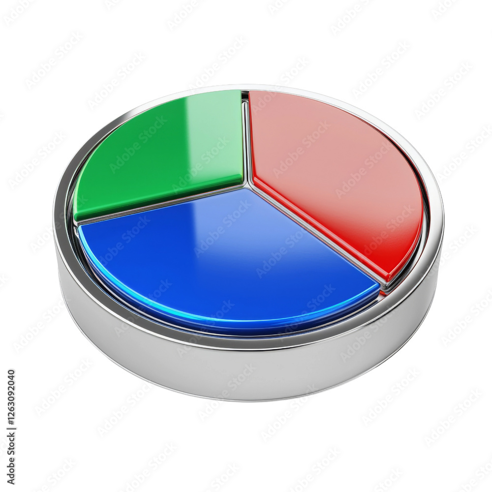 Poster circular button with three colored sections red, green, and blue, set in shiny metallic frame, symbo
