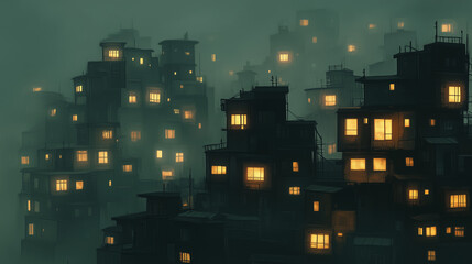 City skyline featuring stacked modular buildings illuminated at night in a foggy environment