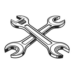 Wrench vector illustration, black and white design, hand drawn style design isolated on a white background