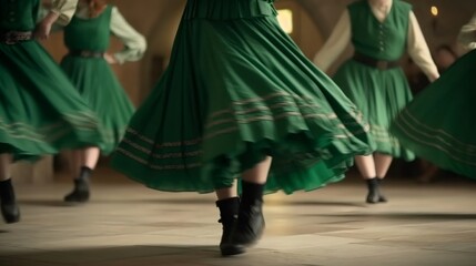 Irish dancers performing traditional dance in green dresses