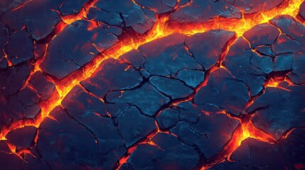Game scene featuring glowing lava cracks with a dynamic mix of vibrant orange and blue hues.
