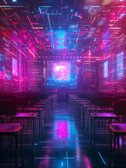 Futuristic classroom environment with advanced AI teachers enhancing learning experience through immersive technology