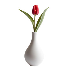 red tulip in white vase with green leaves, symbolizing beauty and elegance. This simple yet striking arrangement adds touch of nature to any space