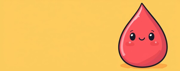 A cute red droplet character with a smiling face against a bright yellow background.