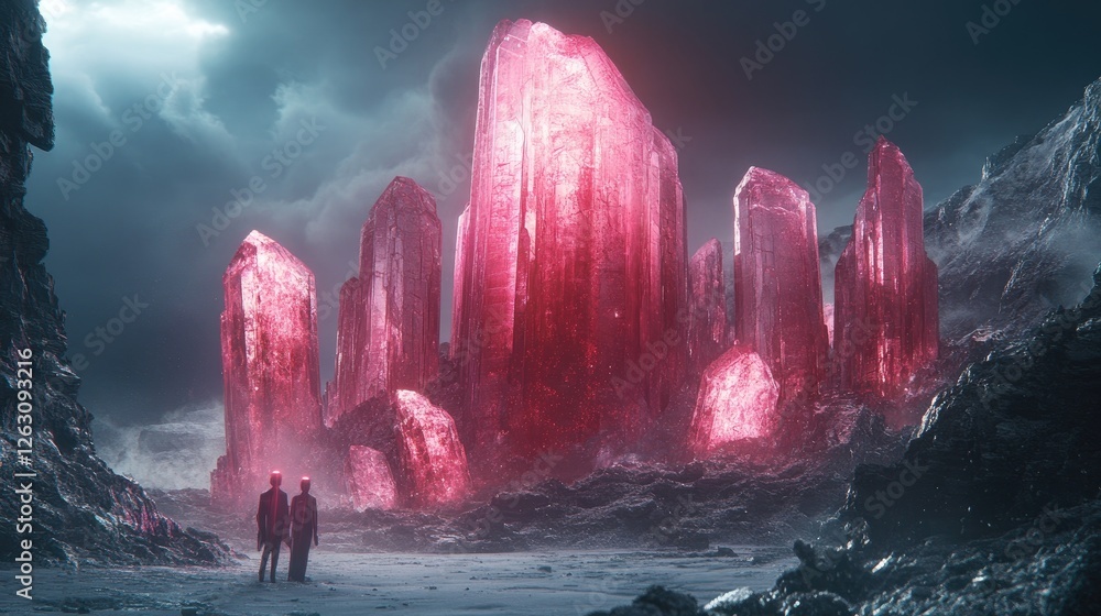Poster two figures observe glowing red crystal formations in a desolate landscape