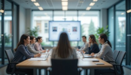 Blurred Office Background with People Engaged in Meetings and Collaborative Work at a Conference Table