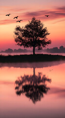 Obraz premium A Tranquil Morning Embracing Nature's Renewal with the First Light of Dawn