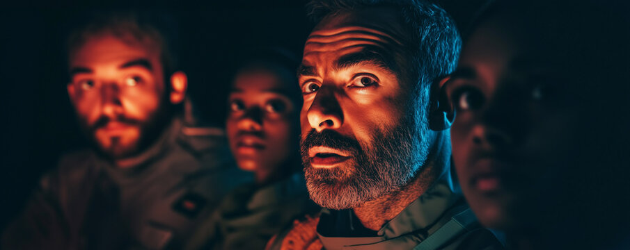 Group of scientists engaged in serious discussion on research strategies and discoveries at a modern laboratory in the evening hours