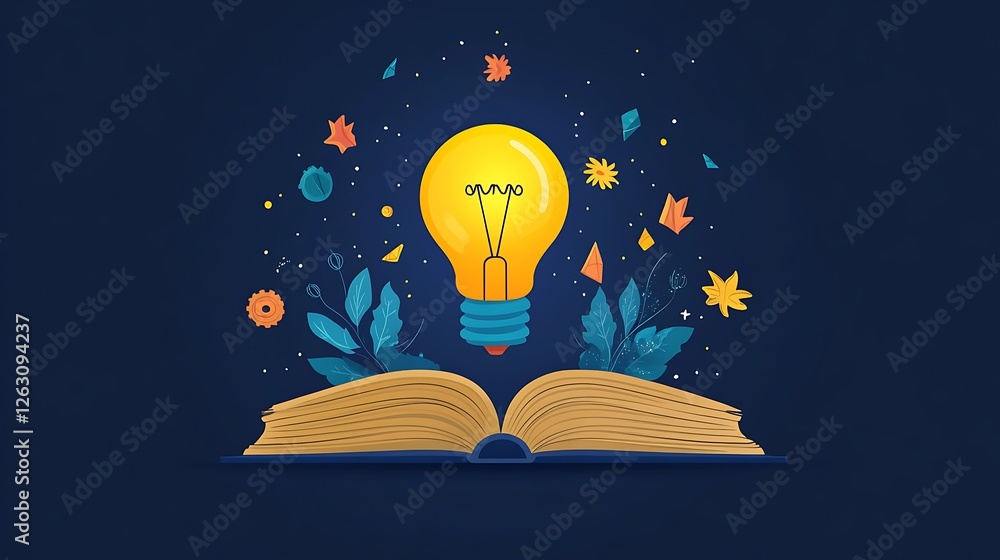 Poster bright idea from an open book, illuminated by a glowing lightbulb.