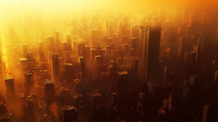 Obraz premium Megacity under haze struggles with pollution and overpopulation during sunset glow
