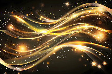 Obraz premium Abstract golden waves with sparkling lights on a dark background, creating a festive atmosphere