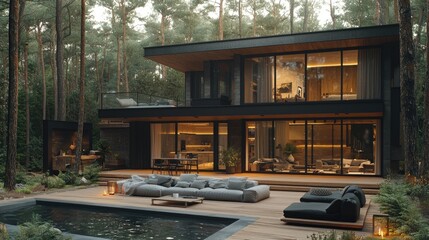 Fototapeta premium Modern Forest Home With Pool And Outdoor Seating