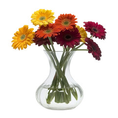 Fototapeta premium Bright and colorful gerbera daisies in clear glass vase create cheerful and vibrant atmosphere, perfect for home decor or special occasions