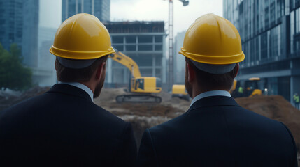 A formal business professional and architect in yellow hard hats, reviewing the progress of a commercial building, with heavy machinery and workers operating in the background.
