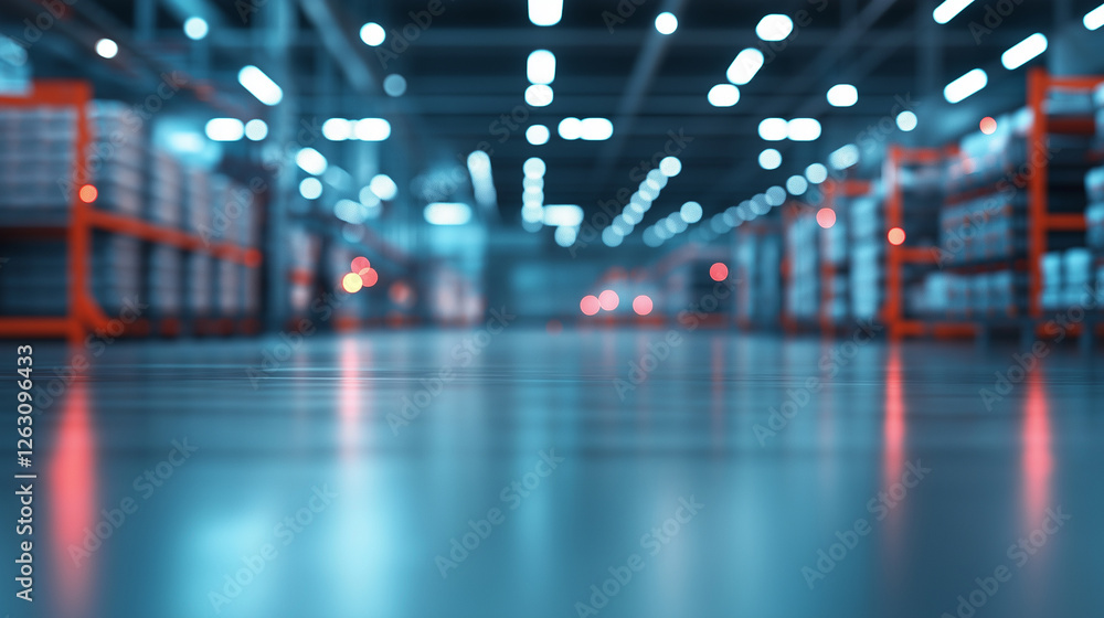 Poster a warehouse with robotic fulfillment systems, where a blurred background of neatly arranged inventor