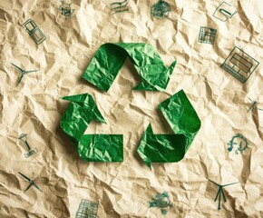 Obraz premium Ecofriendly recycling symbol surrounded by sustainable icons on crumpled paper