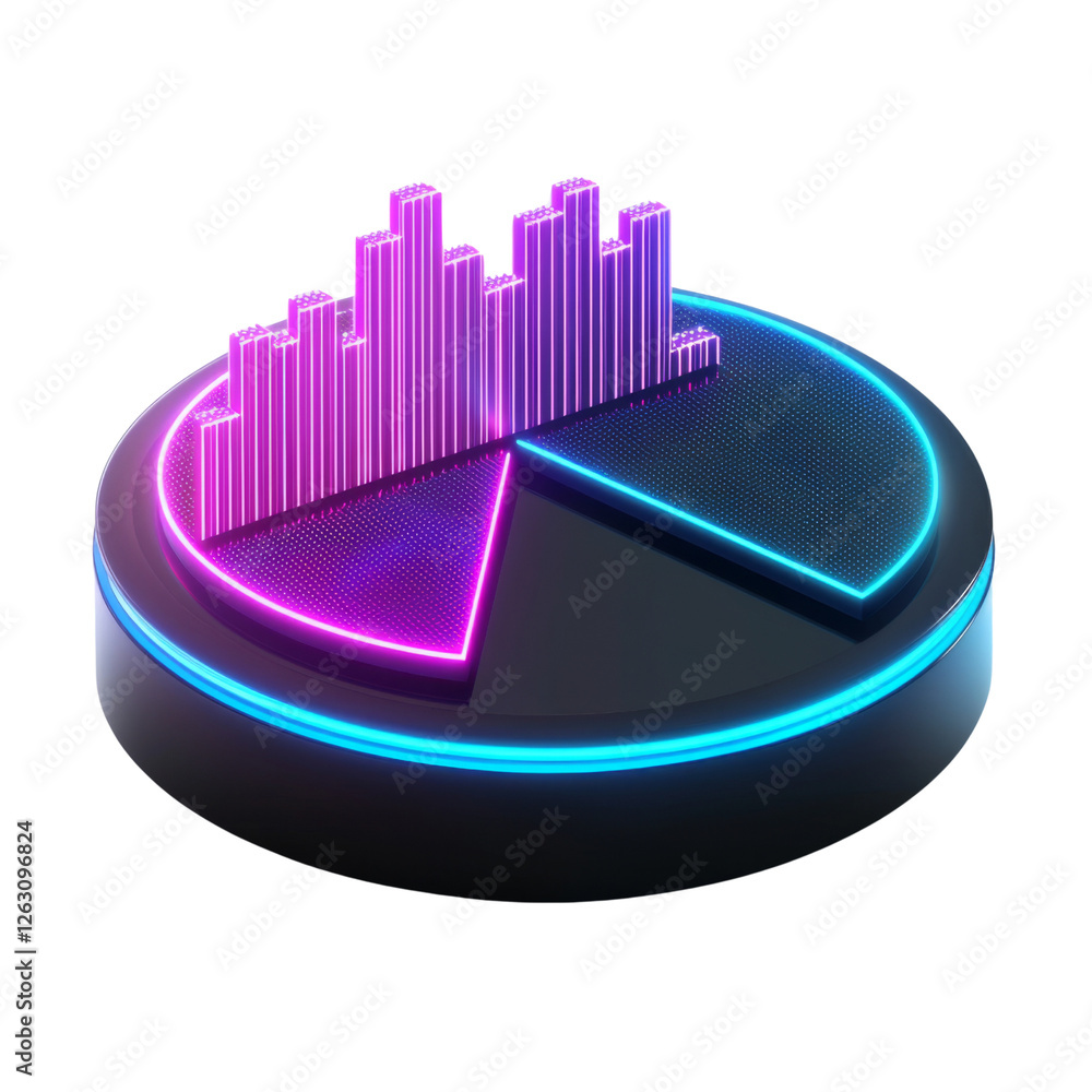 Poster 3d pie chart and bar graph with neon colors, representing data visualization and analytics