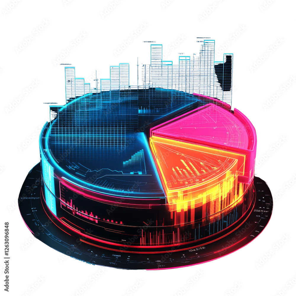 Poster 3d data visualization with colorful pie chart segments and bar graphs, showcasing analytics and stat