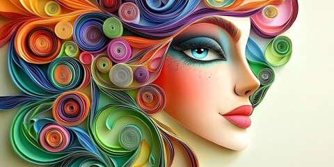 Fototapeta premium Women Portrait paper quilling concept. Vibrant artistic portrait of a woman with colorful, swirling hair and bold makeup.