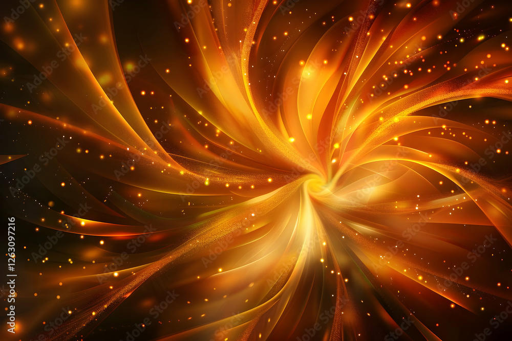 Poster abstract swirling orange and gold patterns with glowing particles on a dark background