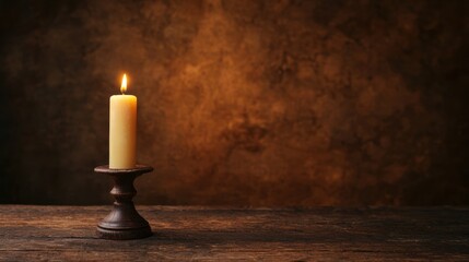 A solitary candle on a wooden holder glows softly against a dark, textured background, creating a warm and inviting ambiance.