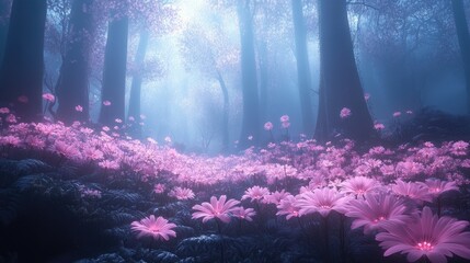 Fototapeta premium Enchanting Pink Flowers Bloom in a Misty Forest