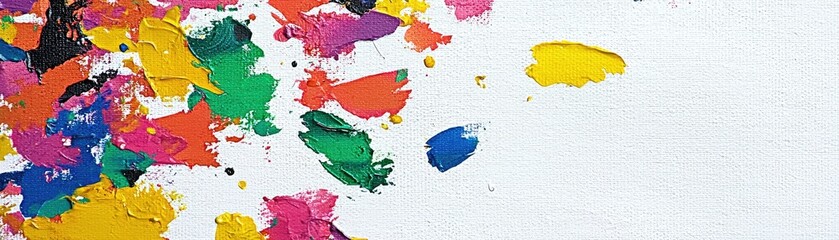Fototapeta premium Colorful paint splatters on white canvas; abstract art background